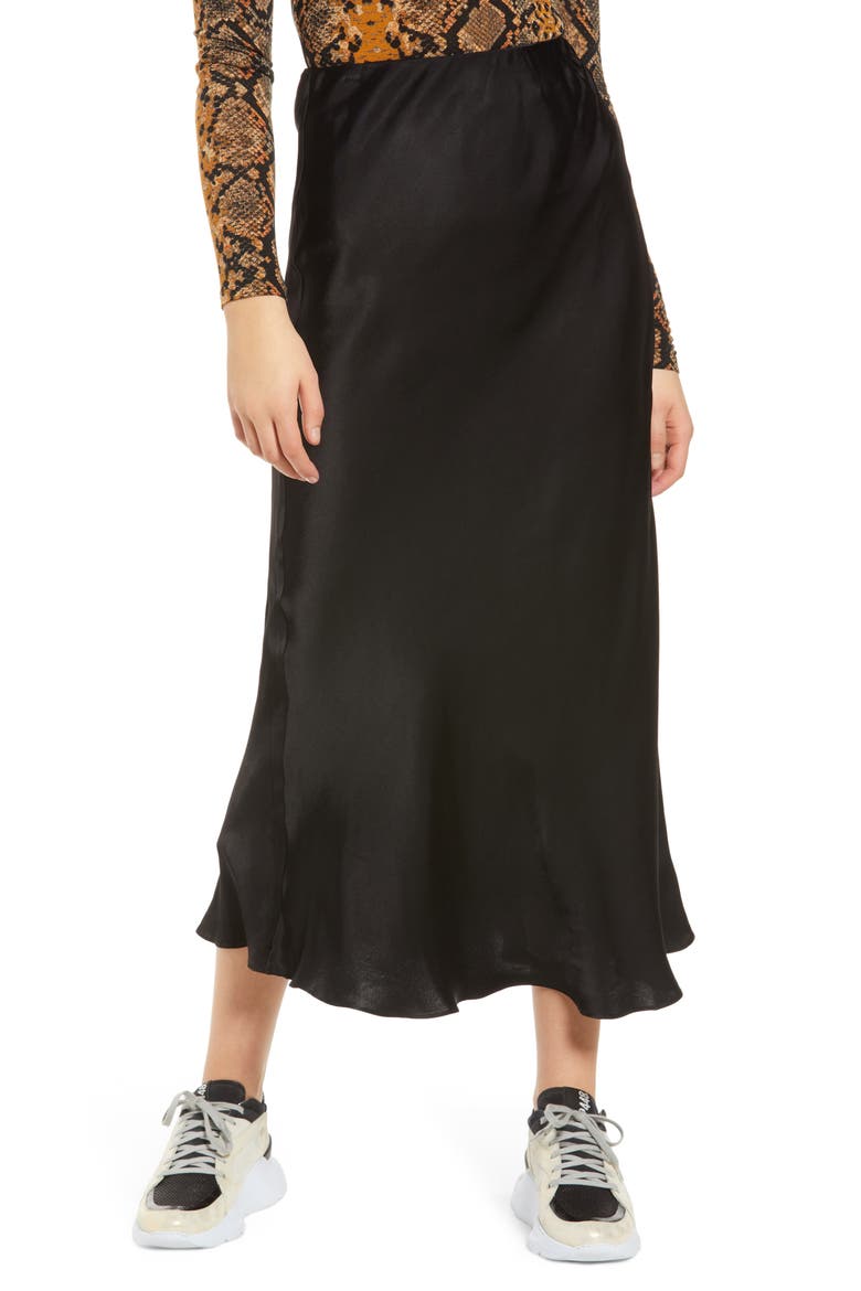 Bias Cut Satin Skirt, Main, color, BLACK