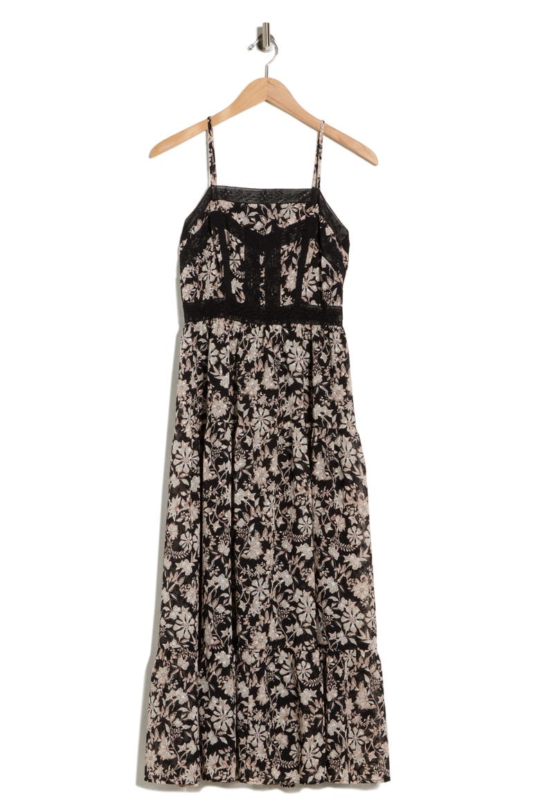 Lace Bodice Tiered Dress, Alternate, color, BLACK- IVORY FLORAL