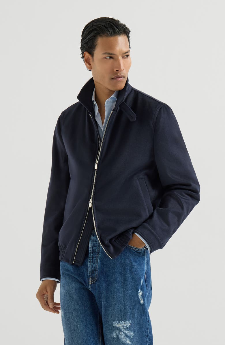 Brunello Cucinelli Virgin wool beaver cloth bomber jacket with zipper, Main, color, Navy Blue