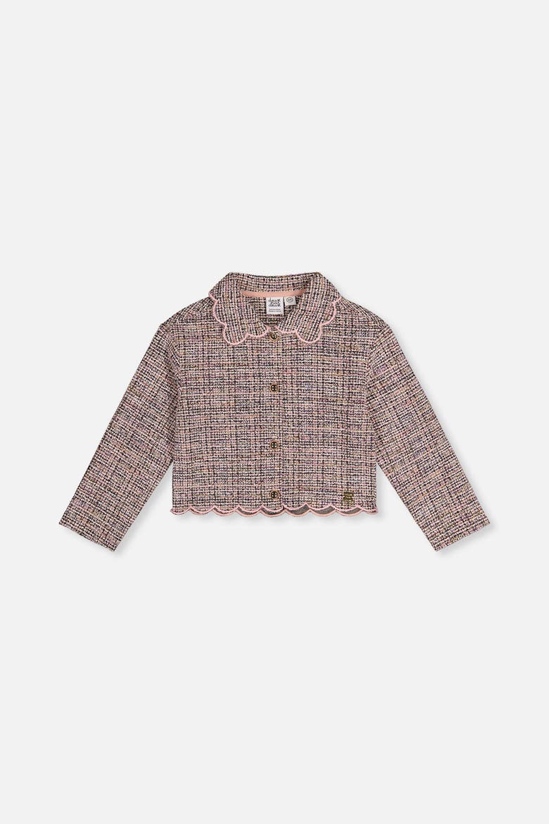 Jacquard Knit Scalloped Collar Button Front Short Jacket, Main, color, Pink and Black Knit