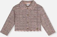 Deux par Deux Jacquard Knit Scalloped Collar Button Front Short Jacket