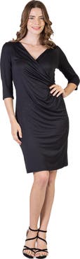 24seven Comfort Apparel Petite V Neck Faux Wrap Knee Length Dress