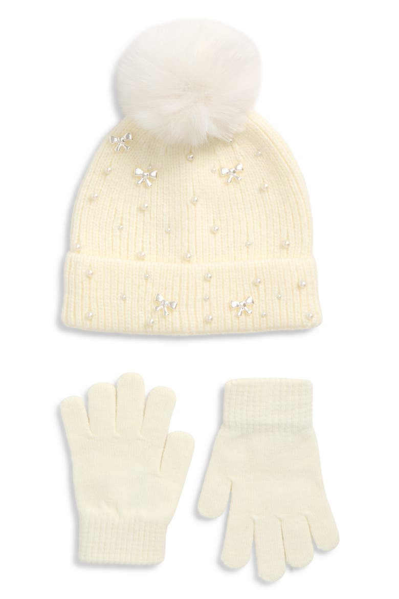 Kids' Imitation Pearl & Bow Beanie & Gloves Set, Main, color, IVORY COMBO