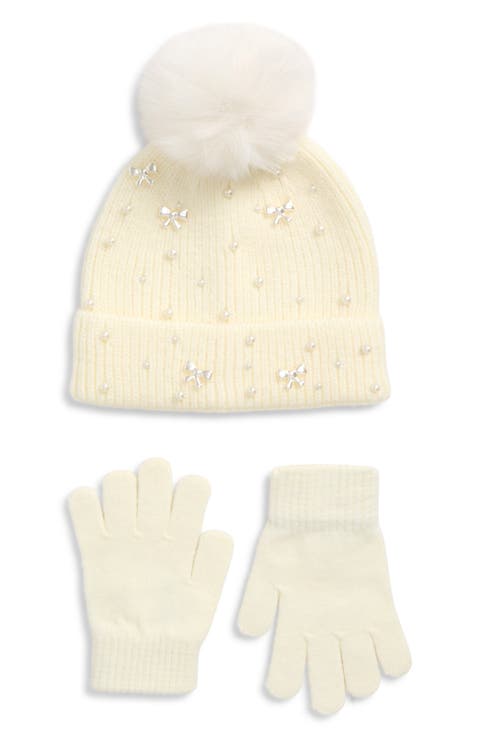 Kids' Imitation Pearl & Bow Beanie & Gloves Set