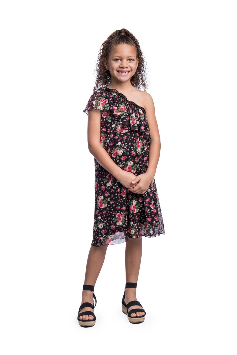 Black Floral One Shoulder Ruffle Knee Length Dress, Alternate, color, Black Multi