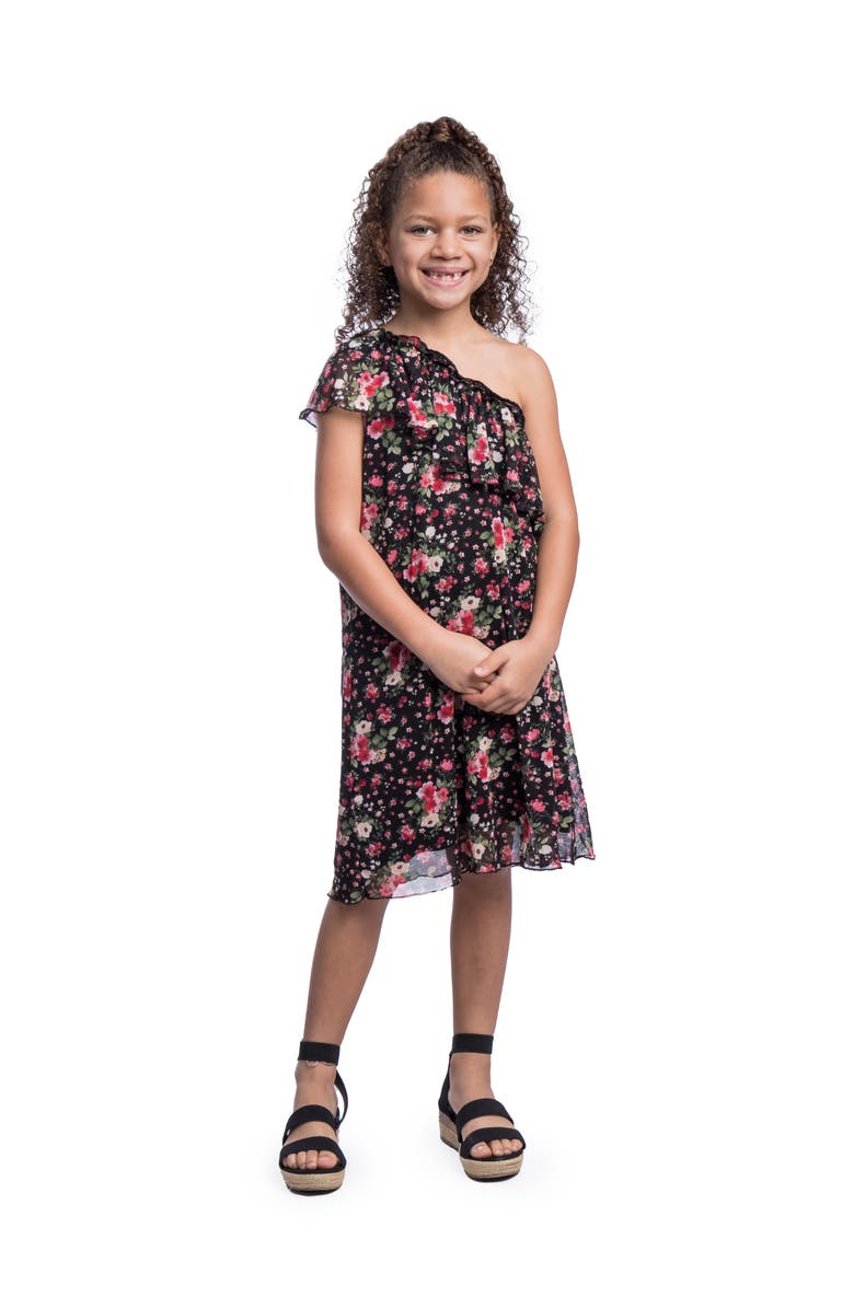 24sevenKid Black Floral One Shoulder Ruffle Knee Length Dress, Alternate, color, Black Multi