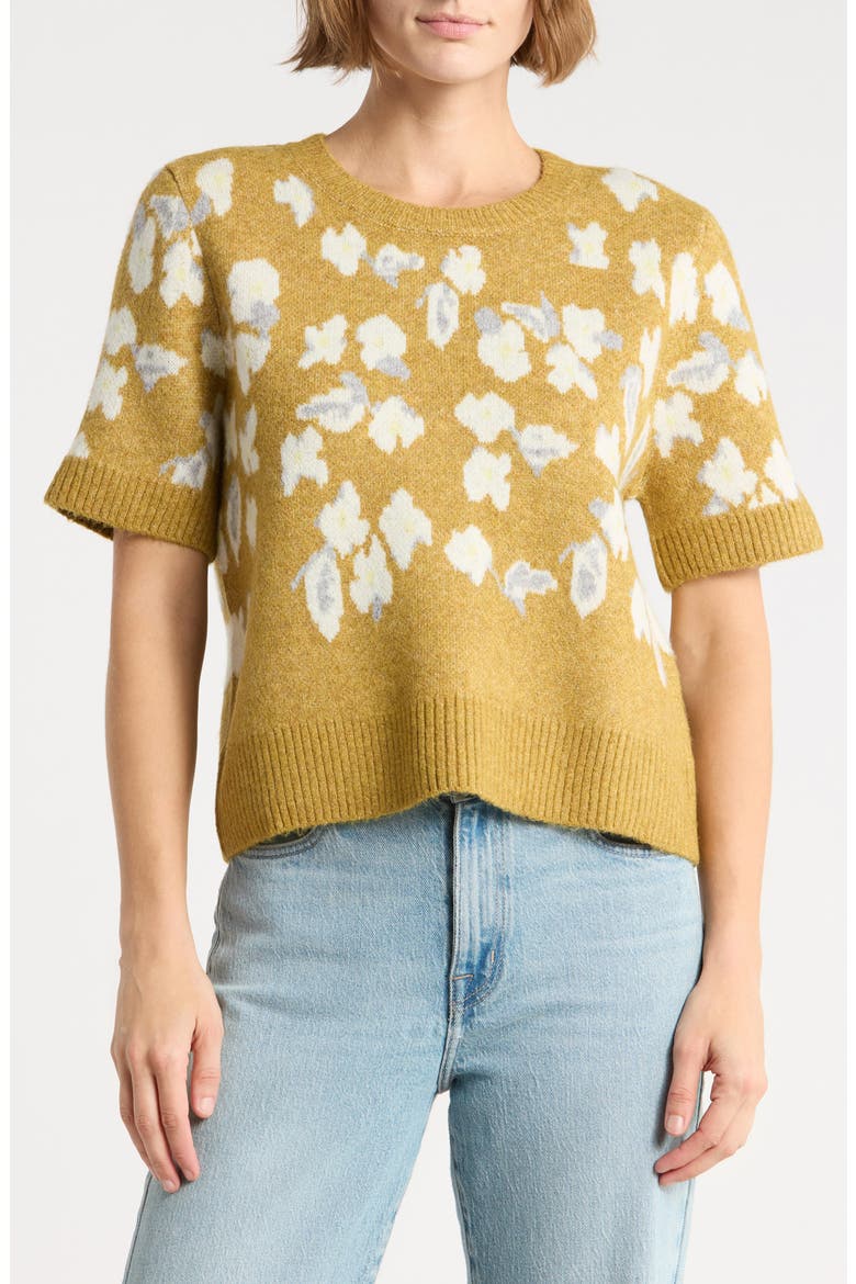 Floral Short Sleeve Sweater, Main, color, CHARTREUSE