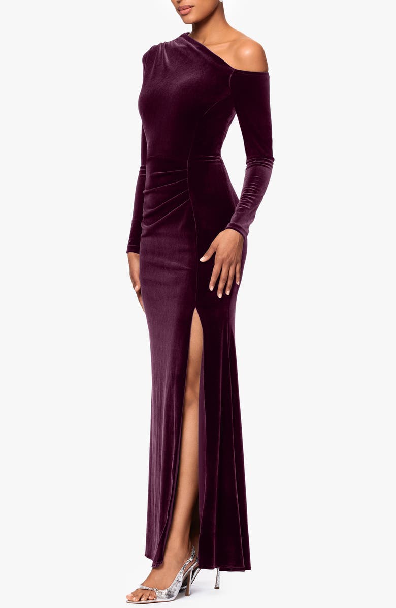 Betsy & Adam One-Shoulder Long Sleeve Velvet Gown, Alternate, color, Maroon