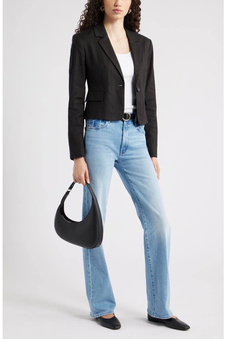Crop One-Button Linen Blend Blazer, Alternate, color, BLACK