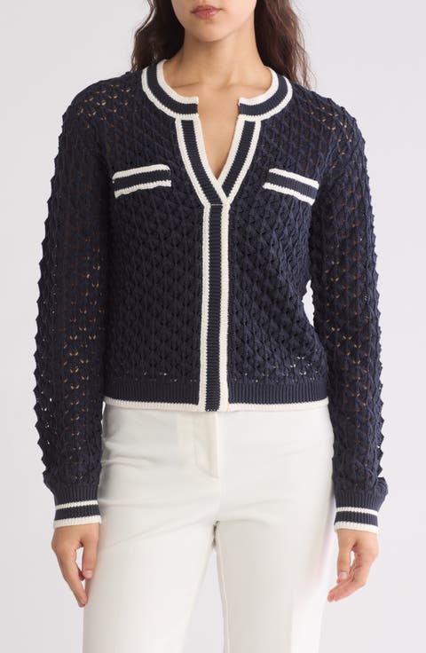 Crochet Stitch Knit V-Neck Sweater