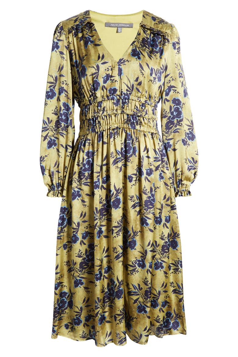 Floral Print Long Sleeve Shirred Midi Dress, Alternate, color, YELLOW MULTI