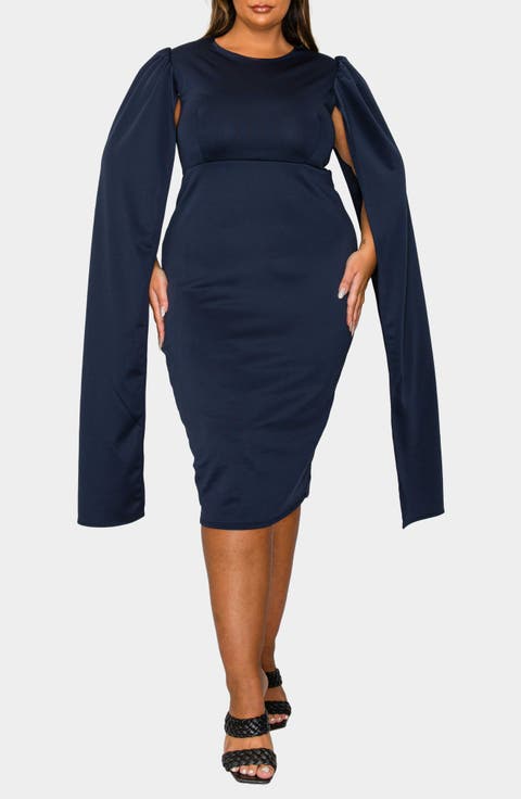 Naomi Cape Sleeve Midi Dress (Plus)