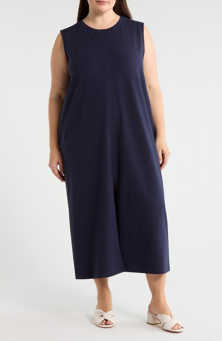 Eileen Fisher Sleeveless Stretch Cotton Jersey Midi Dress, Main, color, Ink