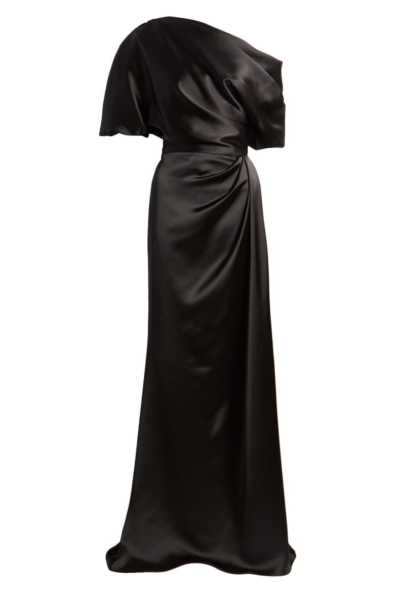 Gathered One-Shoulder Satin Gown, Alternate, color, BLACK
