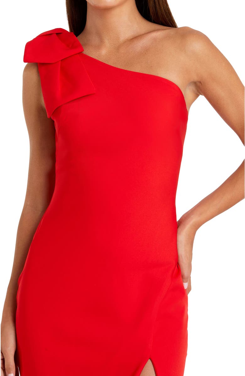 Mac Duggal One-Shoulder Stretch-Crepe Gown with Oversized Bow & Thigh-High Slit, Alternate, color, Red