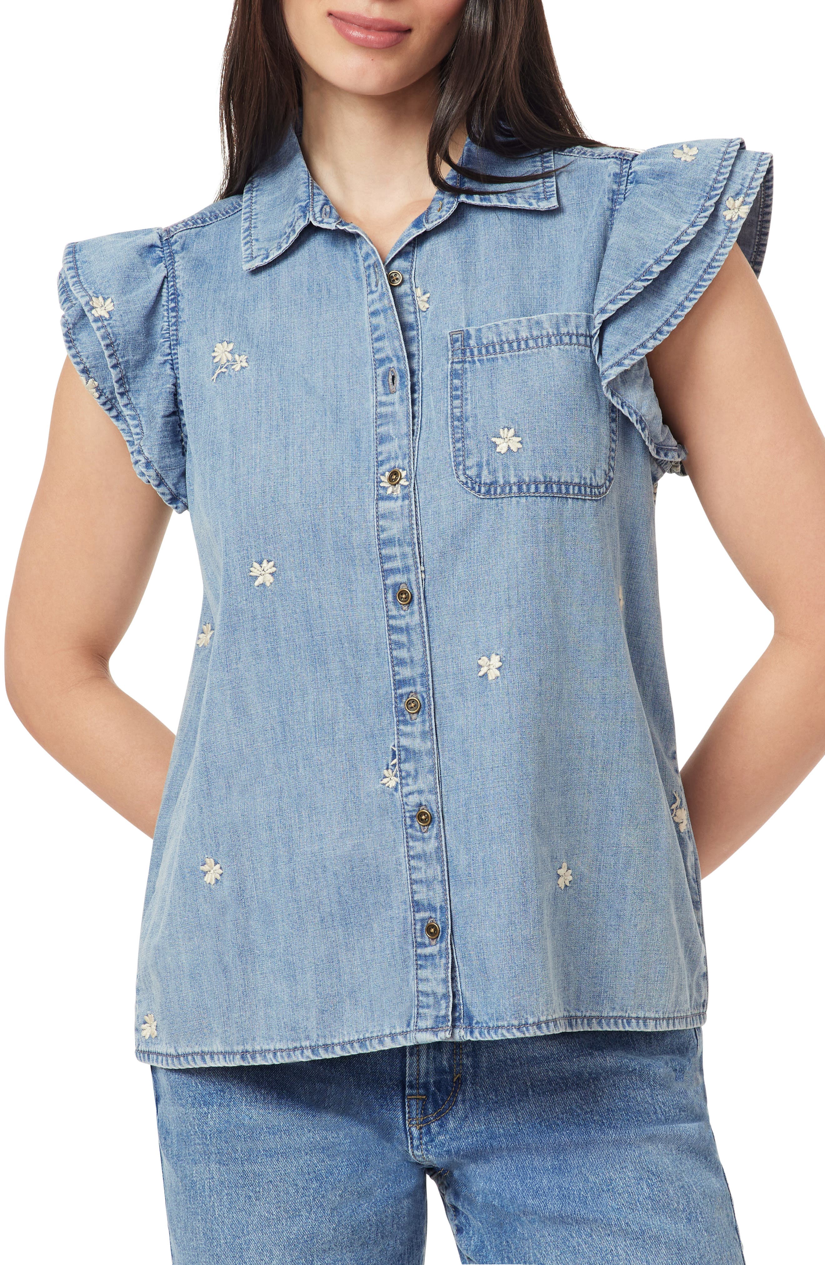 Kensie Denim Double Flutter Sleeve Button Front Top