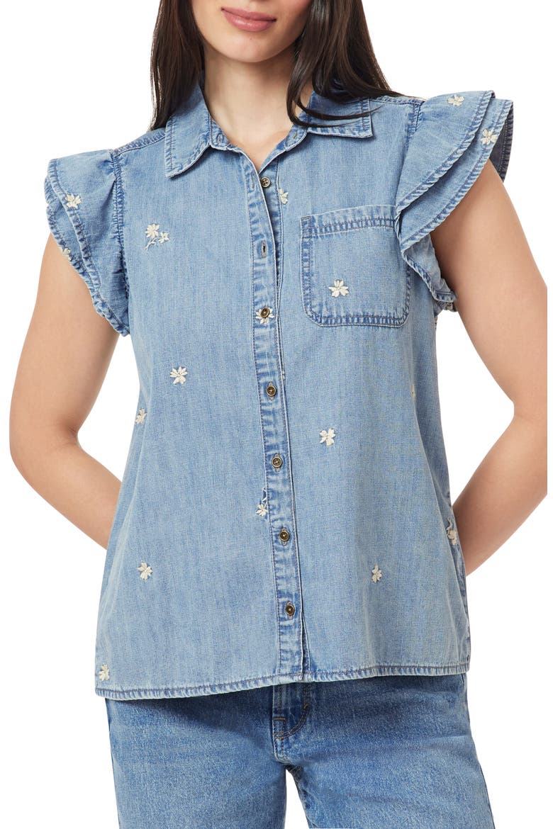Denim Double Flutter Sleeve Button Front Top, Main, color, HANNAH