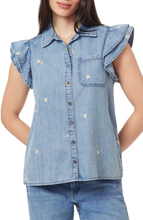 Denim Double Flutter Sleeve Button Front Top