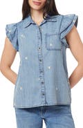 Kensie Denim Double Flutter Sleeve Button Front Top