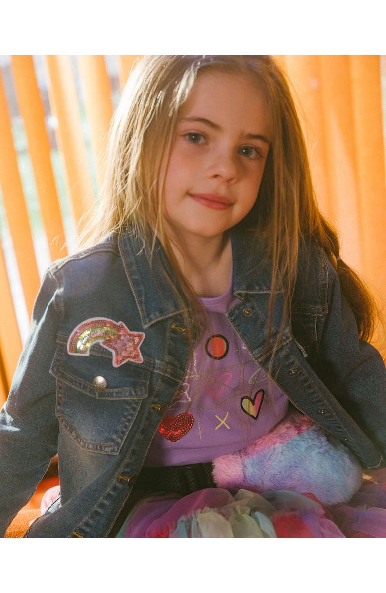 Deux par Deux Little Girl's Denim Jacket With Embroidery Patch, Alternate, color, 