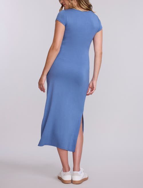 Motherhood Maternity Crew Neck Short Sleeve Side Tie Maternity Midi Dress In Blue