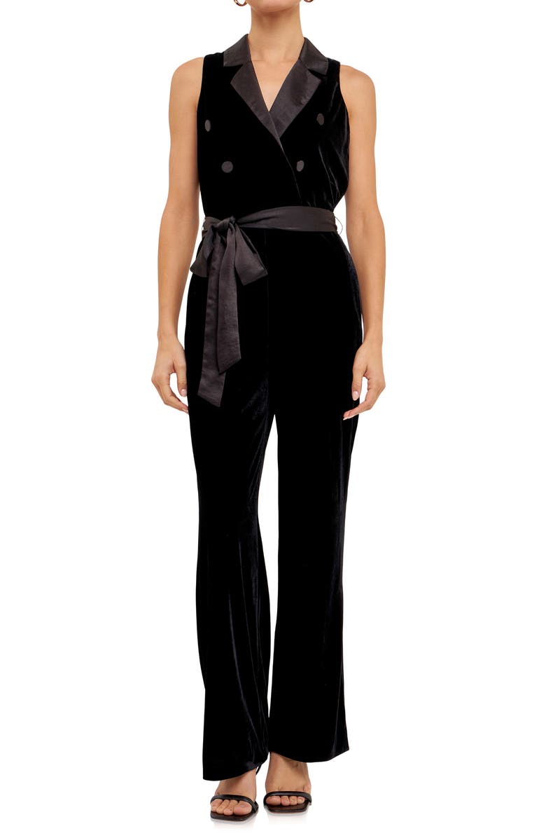 Endless Rose Satin Trim Velvet Jumpsuit, Alternate, color, Black