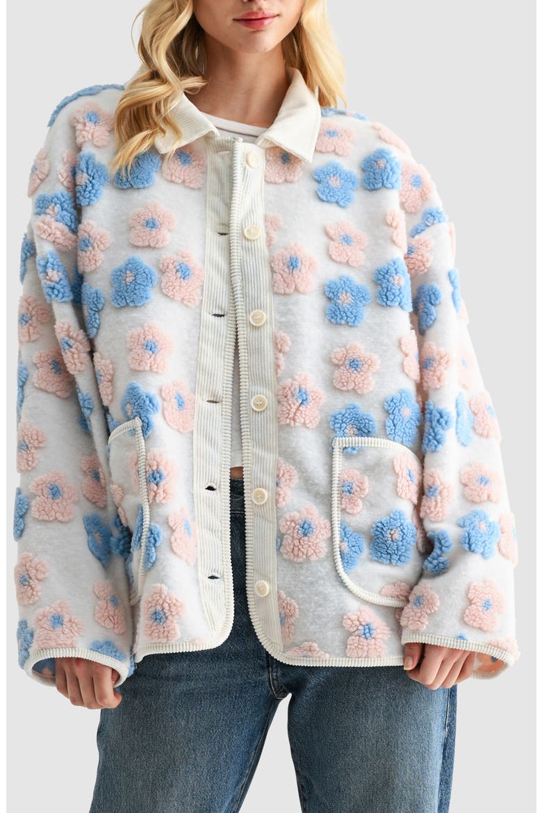 Floral High Pile Fleece Jacket, Main, color, IVORY BLUE PINK
