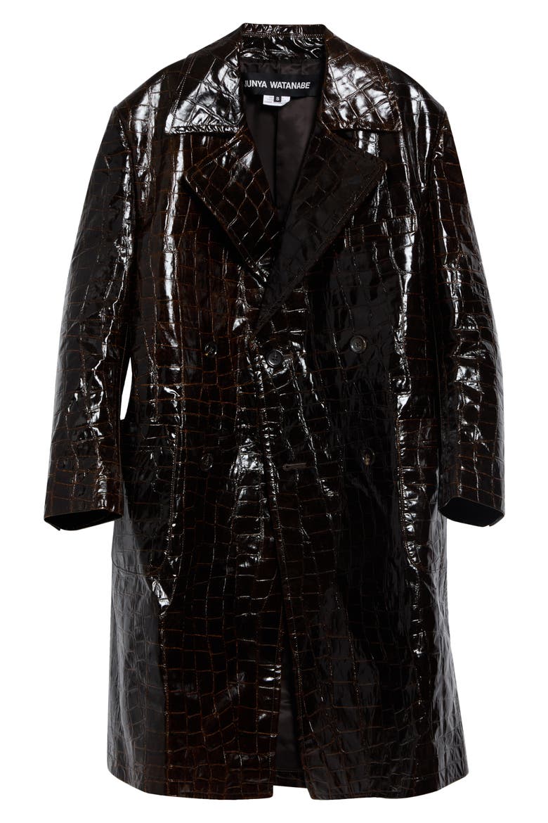 Croc Embossed Faux Leather Trench Coat, Main, color, BROWN