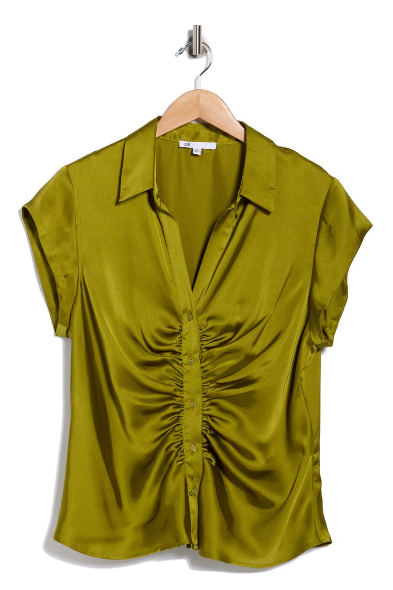 Ruched Satin Button-Front Cap Sleeve Blouse, Alternate, color, GOLDEN CYPRESS
