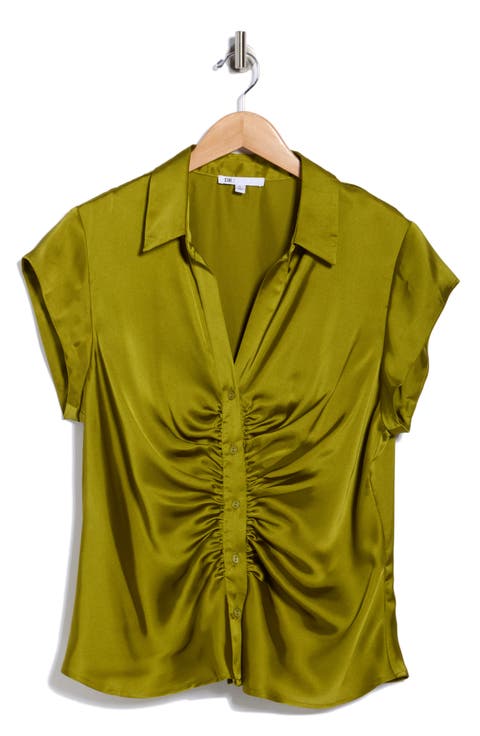Ruched Satin Button-Front Cap Sleeve Blouse
