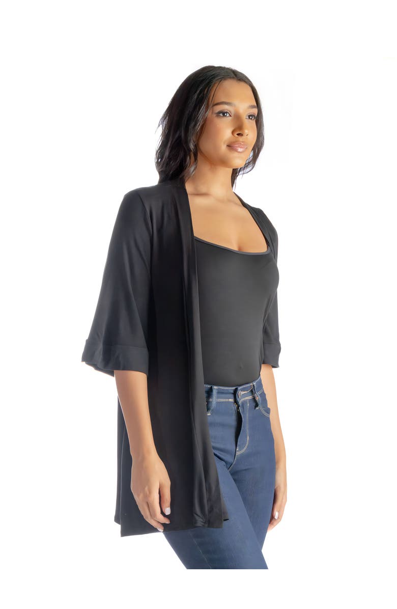 24seven Comfort Apparel Open Front Elbow Length Sleeve Cardigan, Alternate, color, Black