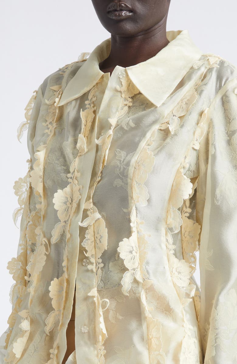 KIM SHUI Quiyona Lace Trim Sheer Silk Shirt, Alternate, color, Beige