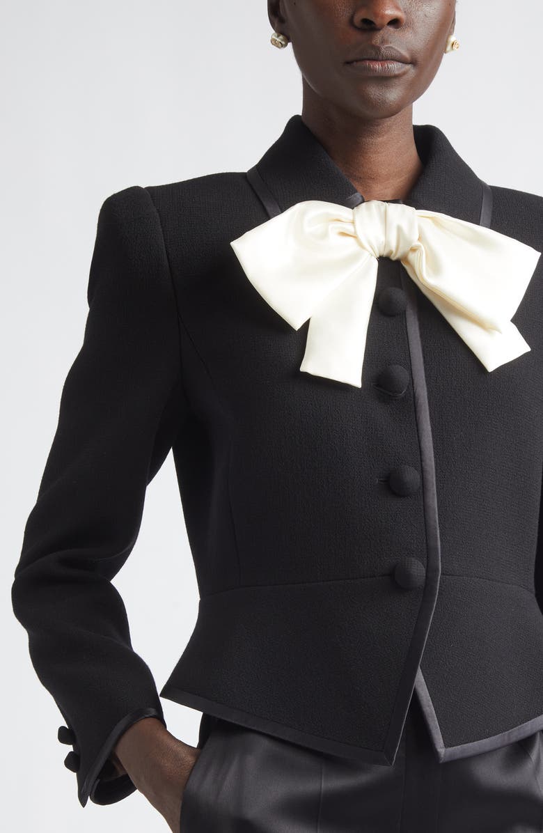 Valentino Bow Front Virgin Wool Crepe Crop Jacket, Alternate, color, Black