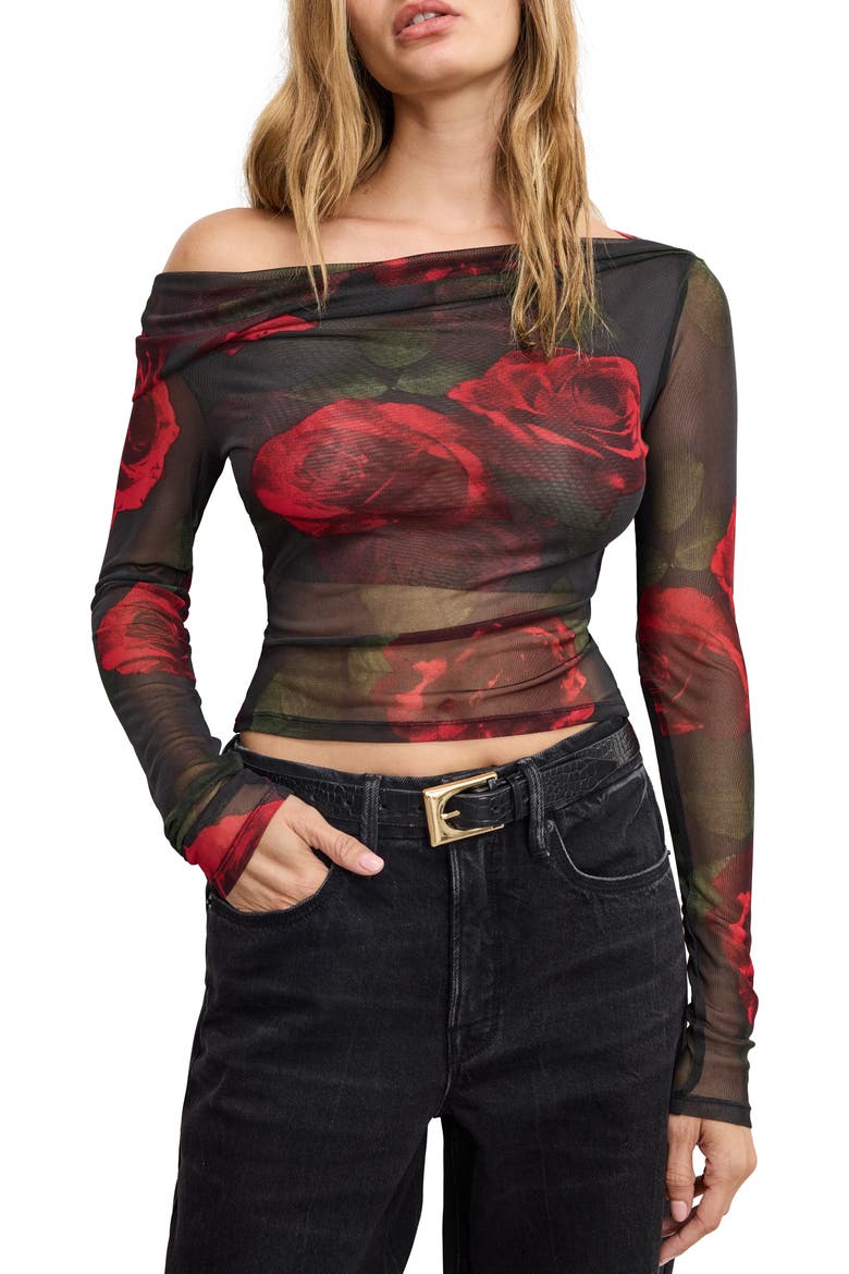 Ruched One-Shoulder Mesh Top, Main, color, MOODY RED ROSES001
