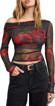 Good American Ruched One-Shoulder Mesh Top