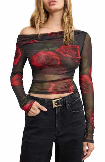 Ruched One-Shoulder Mesh Top