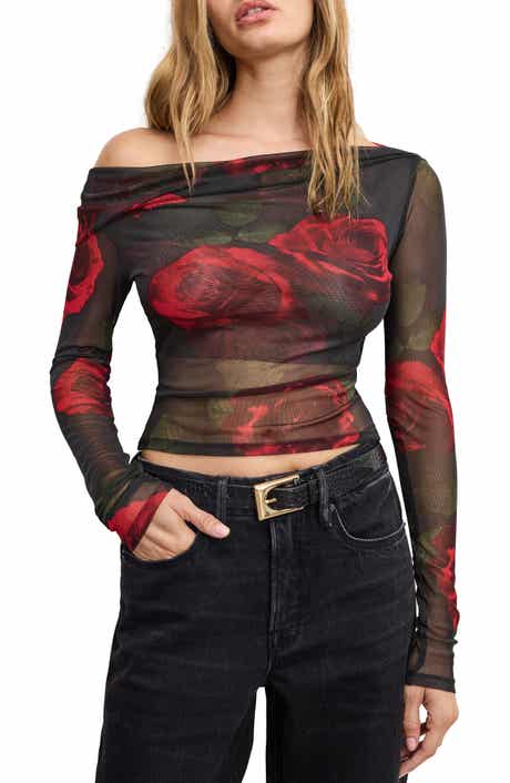 Good American Ruched One-Shoulder Mesh Top