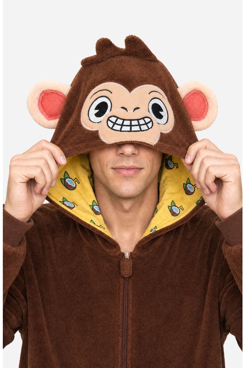 Monkey Hooded Fleece Jumpsuit, Alternate, color, BROWN