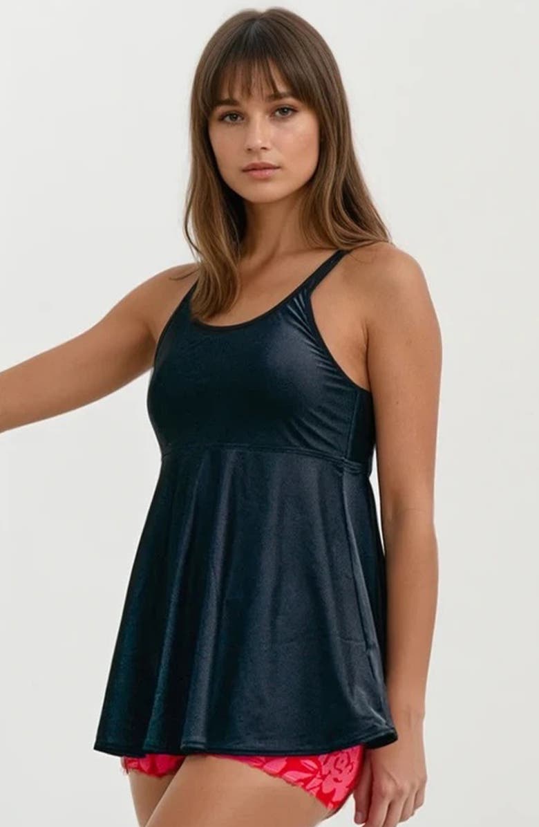 Calypsa Plus Size Amber Flared Tankini Swim Top With Adjustable Straps and Removable Cups, Alternate, color, Black