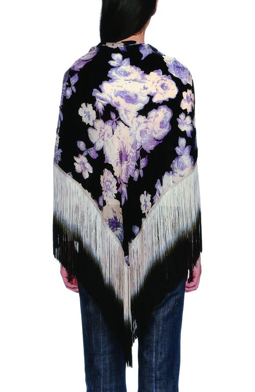 Anna Sui Cabbage Rose Devore Fringe Shawl In Black