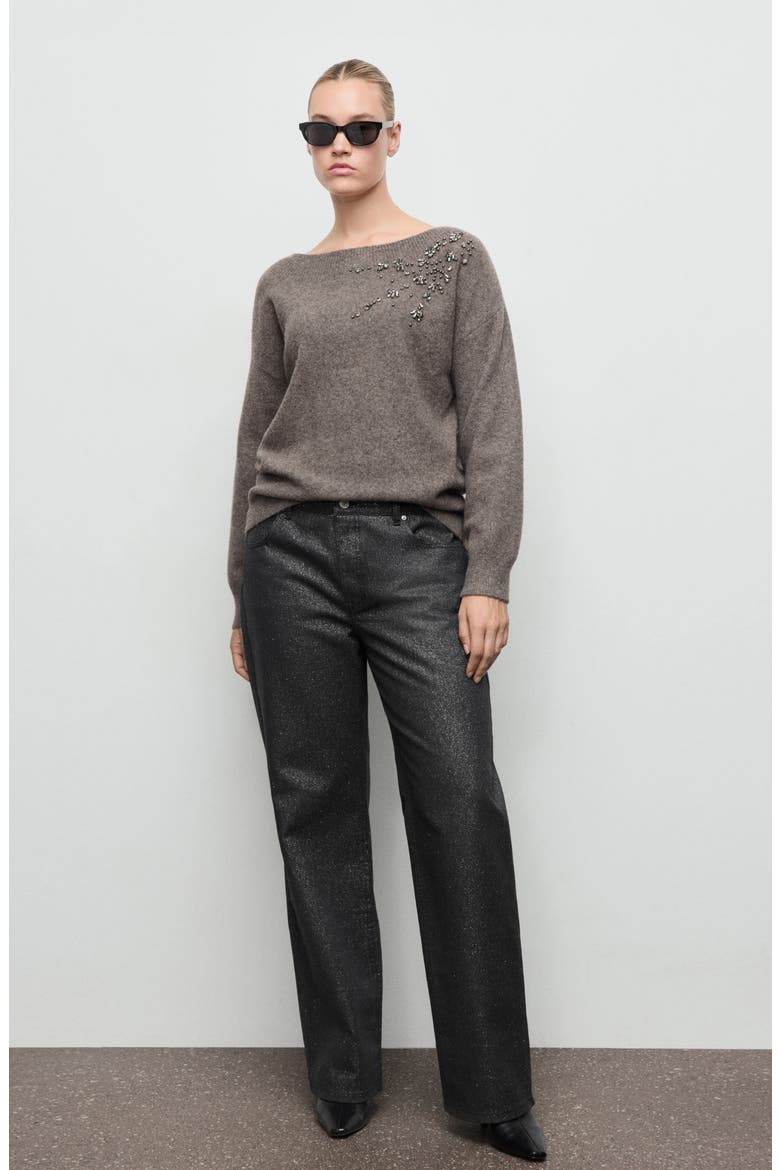 Crystal Detail Boat Neck Sweater, Alternate, color, MEDIUM BROWN