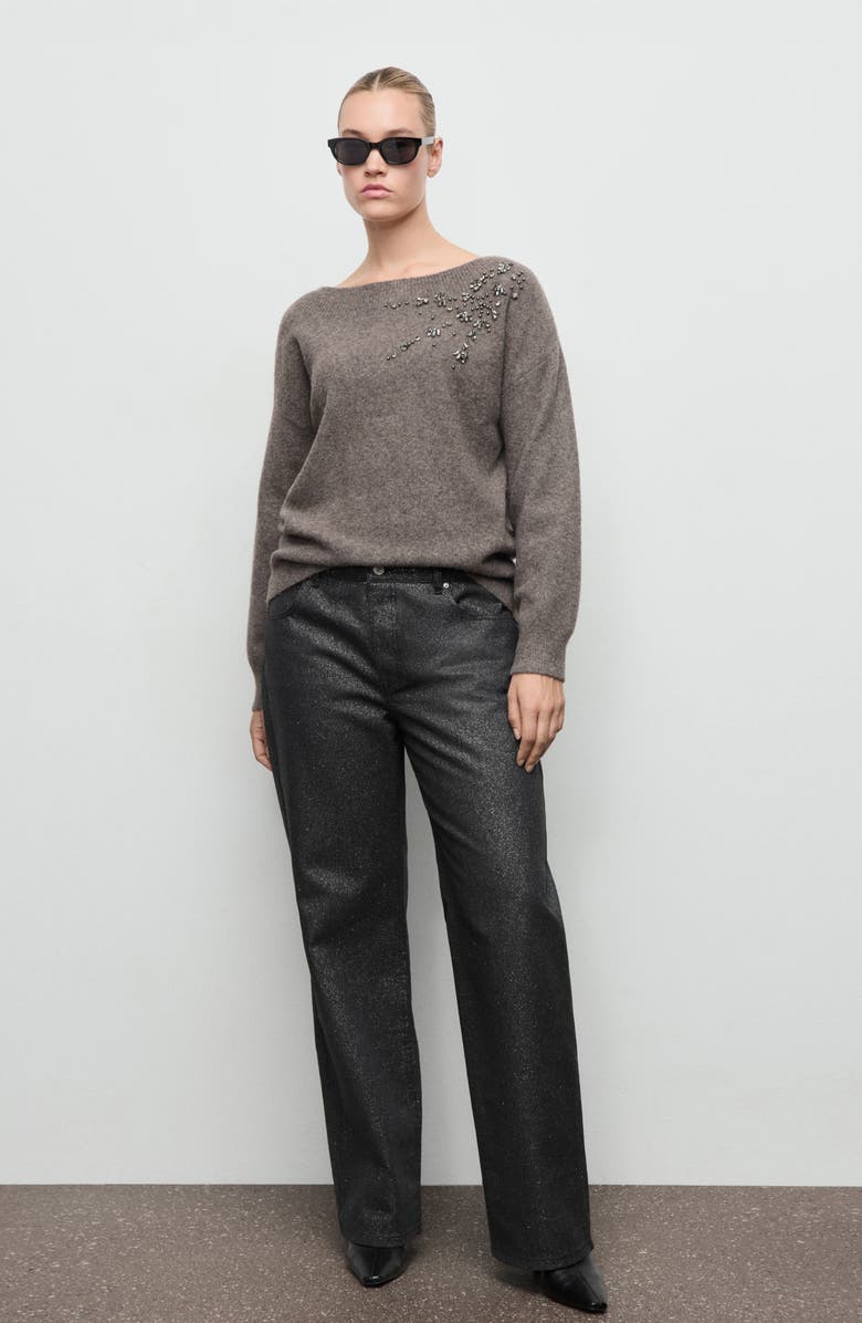 MANGO Crystal Detail Boat Neck Sweater, Alternate, color, Medium Brown