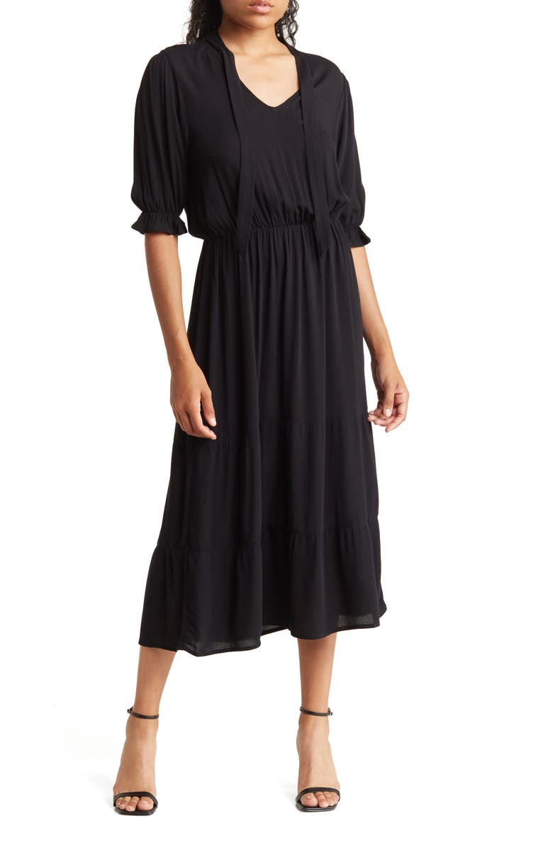 Bobeau Tie Neck Midi Tiered Dress, Main, color,