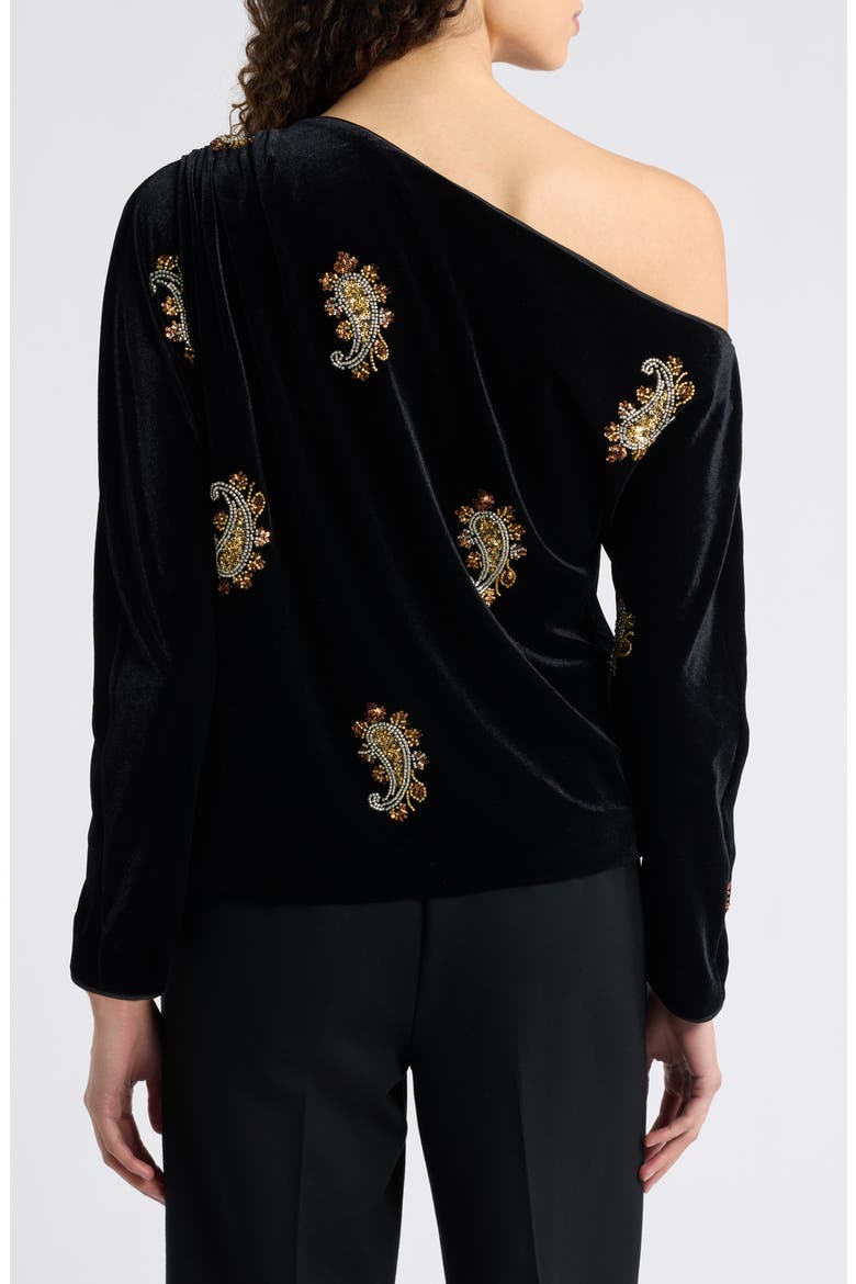 The Vani One Shoulder Velvet Top, Alternate, color, NOIR/ BRONZE GOLD