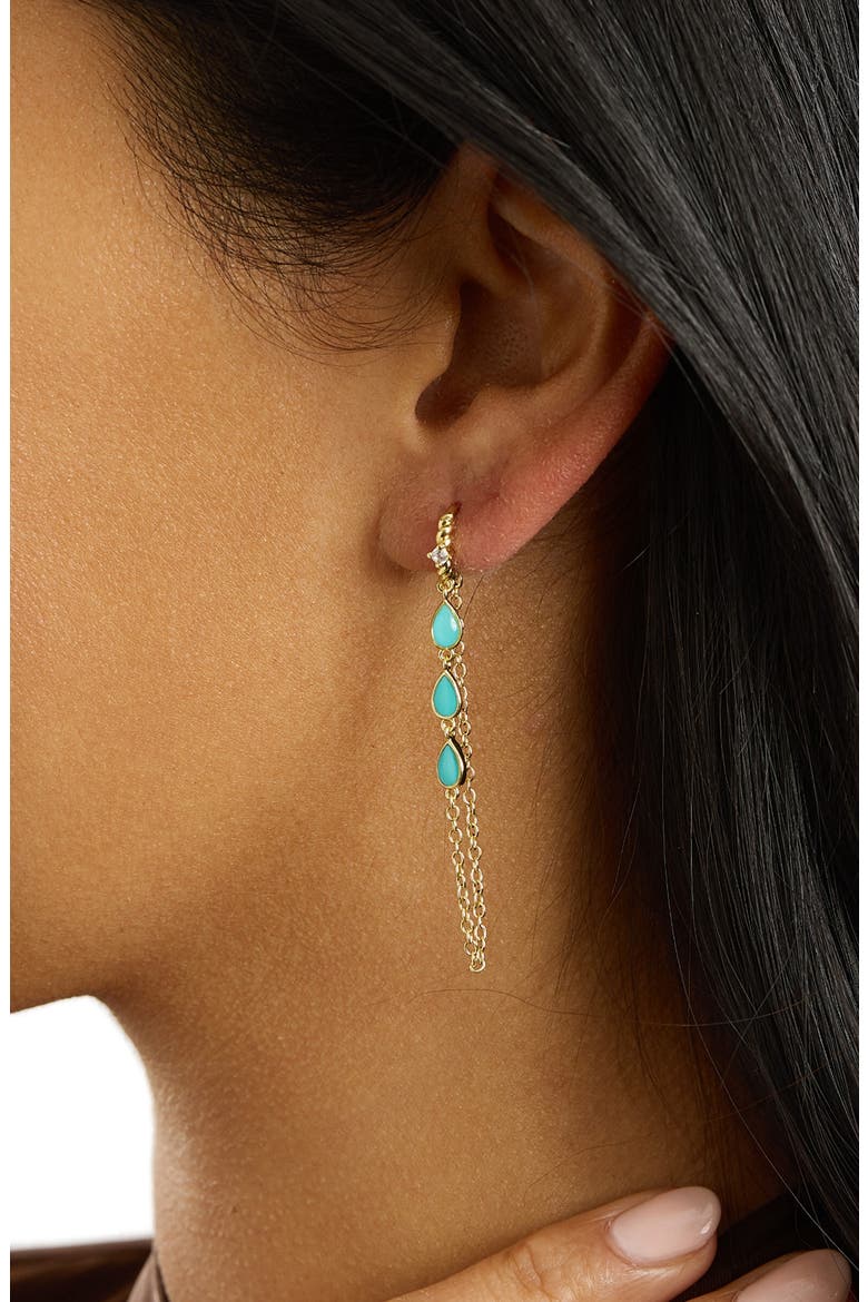 Cubic Zirconia and Turquoise Chain Drop Earrings, Alternate, color, GOLD