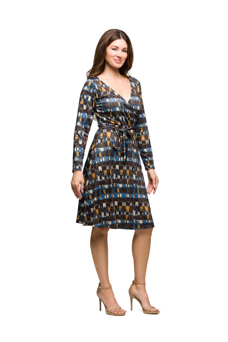 Long Sleeve Wrap Dress with Belt in Geometric Print, Alternate, color, Brown Multi