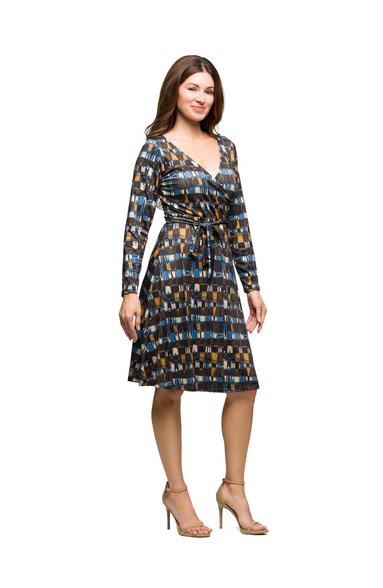 24seven Comfort Apparel Long Sleeve Wrap Dress with Belt in Geometric Print, Alternate, color, Brown Multi