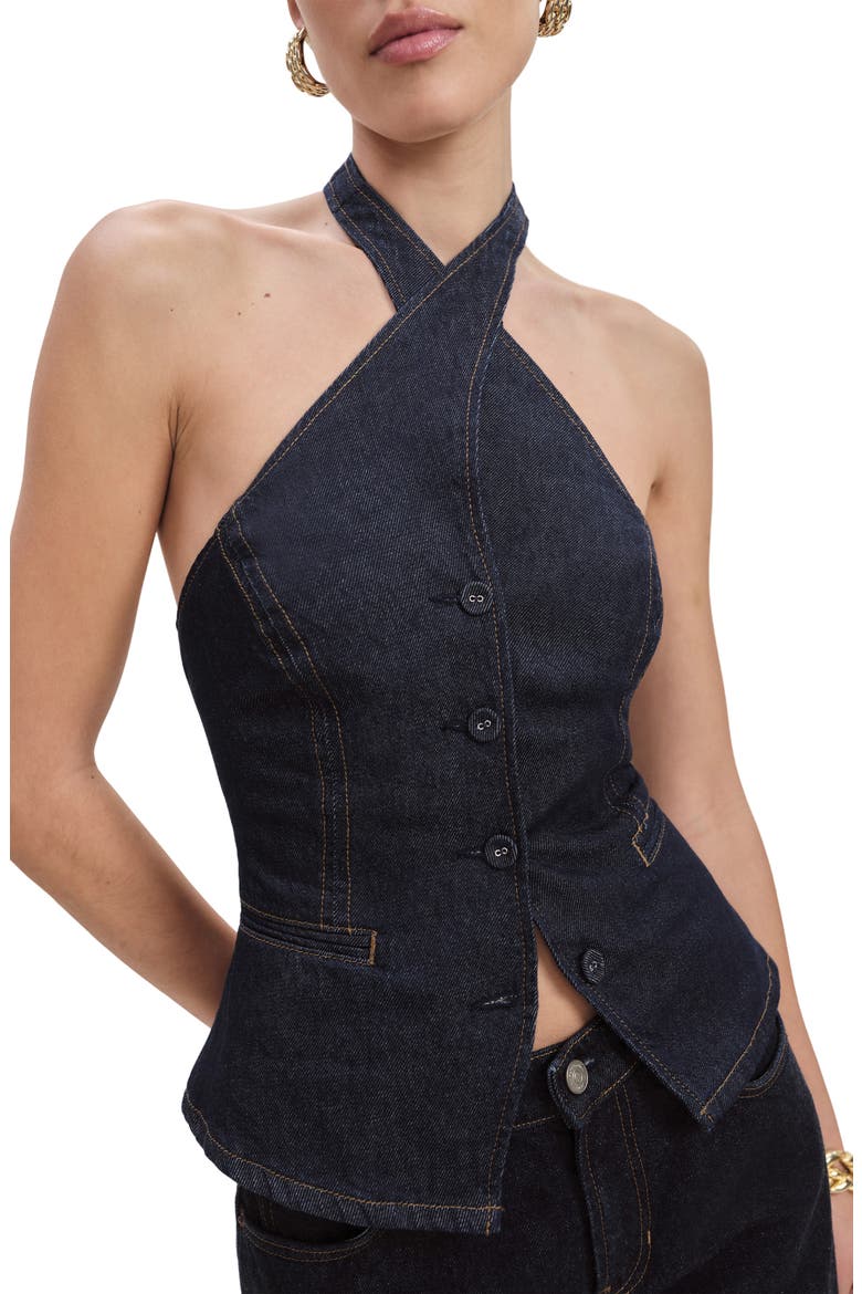 Tate Halter Denim Crop Top, Main, color, VOLIO