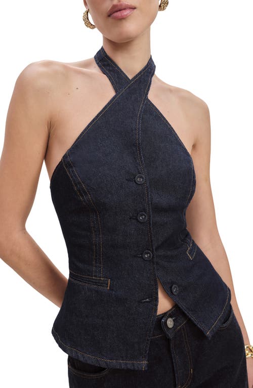 Reformation Tate Halter Denim Crop Top In Volio