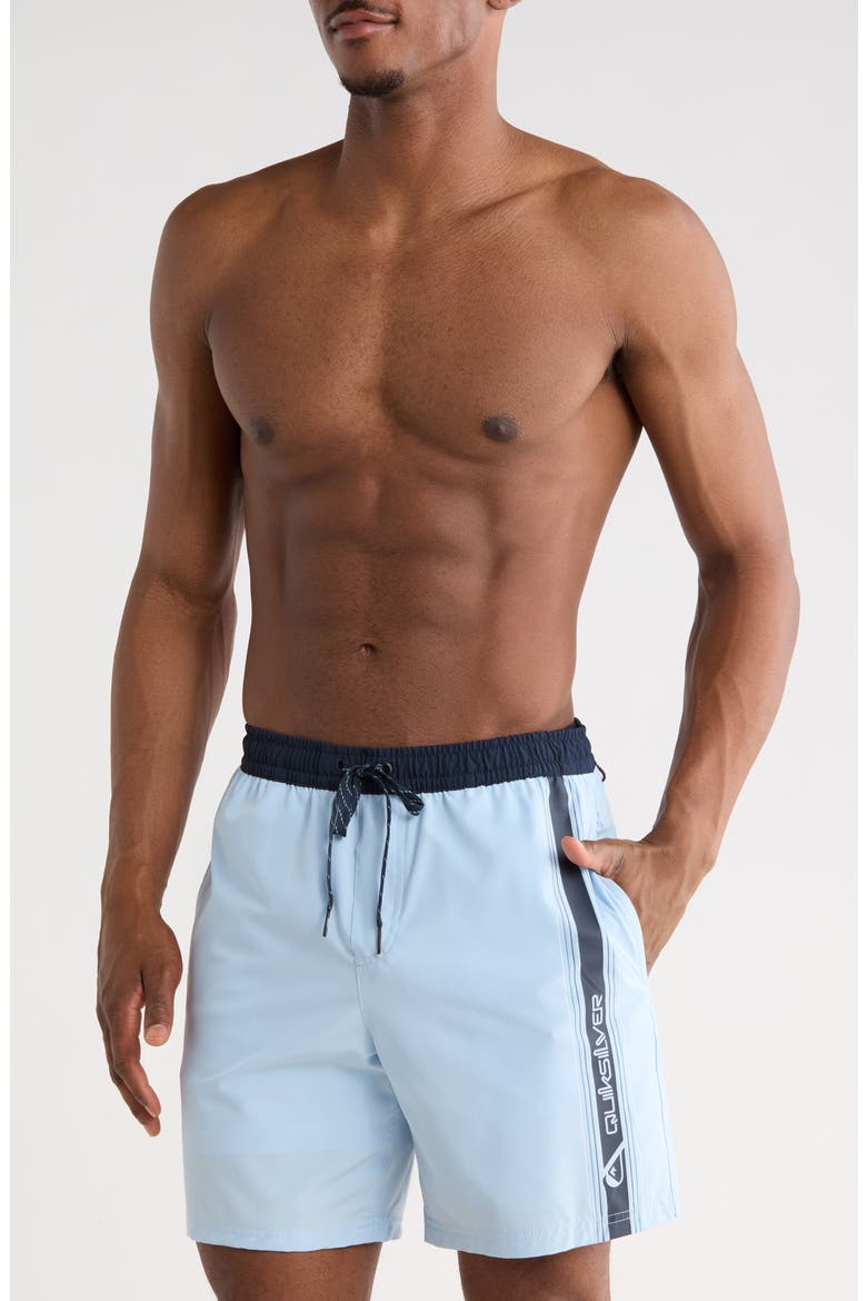 Trade Logo Stripe Volley Swim Shorts, Main, color, SKYWAY